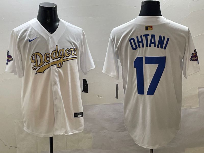 Men Los Angeles Dodgers 17 Ohtani White Champion gold character 2025 Nike MLB Jersey style 3319